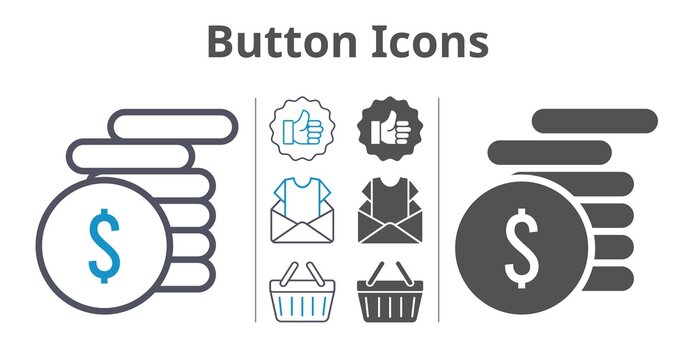 button icons icon set included newsletter, money, like, shopping-basket icons