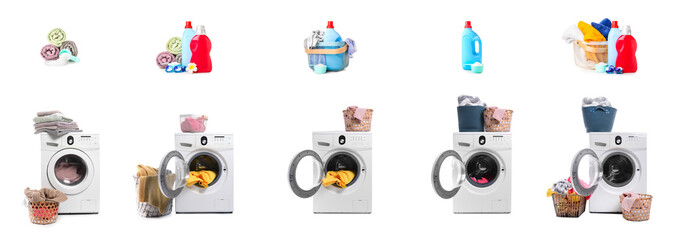 Set of modern washing machines on white background