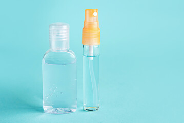 sanitiser spray alcohol clean with liquid bottle . concenpt protection sanitiser tool protect corona virus on  turqouise isolated background