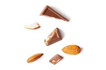 almond milk Crack blast top view and dark chocolate isolated on white