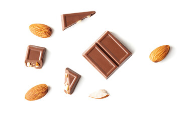 topview almond milk chocolate Crack pieces on white isolated
