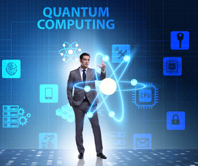 Businessman pressing virtual button in quantum computing concept