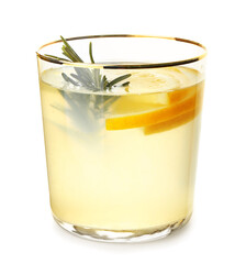 Glass of healthy cocktail on white background