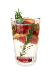 Glass of healthy cocktail on white background