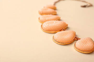 Beautiful necklace on color background