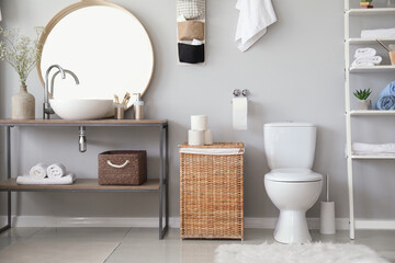 Stylish interior of modern bathroom with toilet bowl - obrazy, fototapety, plakaty