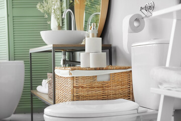 Toilet bowl and rolls of paper in restroom