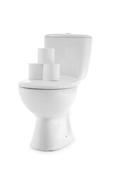 Toilet bowl and rolls of paper on white background