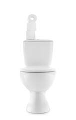 Toilet bowl and rolls of paper on white background