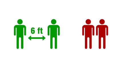 Social Distancing Keep Your Distance 6 ft or 6 Feet Right and Wrong Icon. Vector Image.