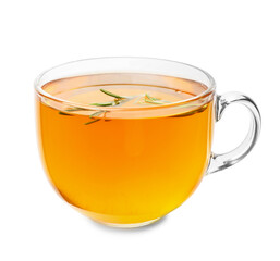 Cup of hot tea with rosemary on white background