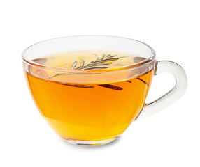 Cup of hot tea with rosemary on white background