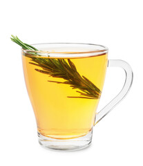 Cup of hot tea with rosemary on white background