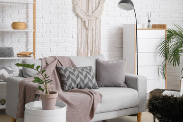 Stylish interior of living room with sofa