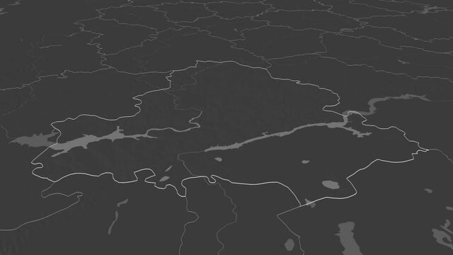 Volgograd, region with its capital, zoomed and extruded on the bilevel map of Russia in the conformal Stereographic projection. Animation 3D