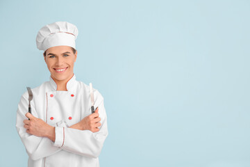 Transgender chef on color background