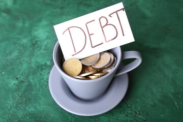 Cup of coins and paper with word DEBT on table