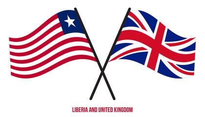 Liberia and United Kingdom Flags Crossed And Waving Flat Style. Official Proportion. Correct Colors