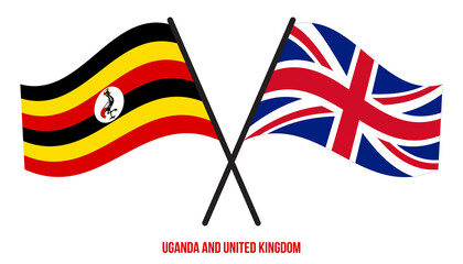 Uganda and United Kingdom Flags Crossed And Waving Flat Style. Official Proportion. Correct Colors