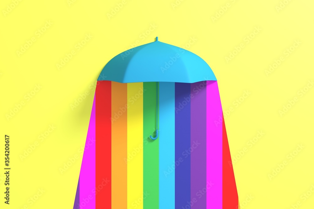 Wall mural Blue Umbrella Floating with rain Colorful color background. 3D Concept Creative Idea.