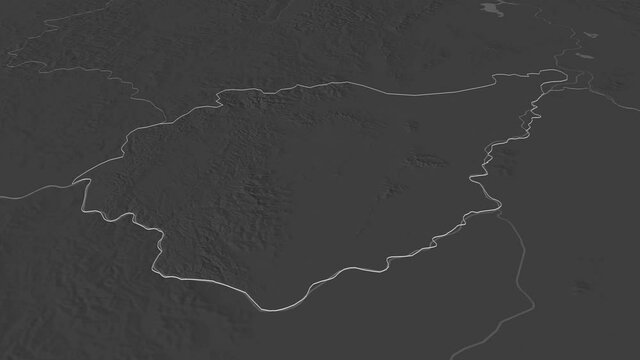 Yevrey, autonomous region with its capital, zoomed and extruded on the bilevel map of Russia in the conformal Stereographic projection. Animation 3D