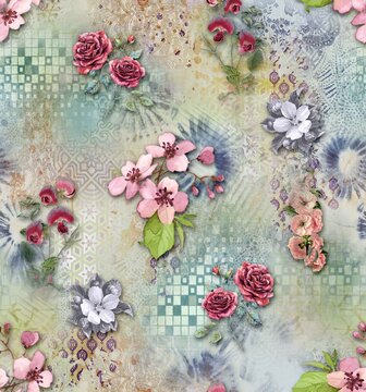 Watercolor Floral Design With Multi color Background Texture Use For Textile Digital Print Designing and wallpaper.