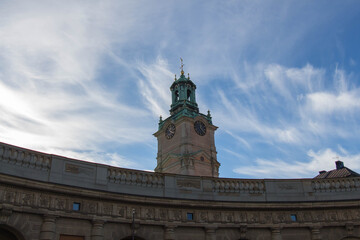 Fototapeta na wymiar Close up view of the tower of Saint Nicholas Church or Storkyrkan, Stockholm, Sweden.