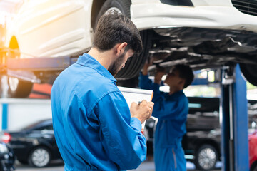 Auto check up car service mechanic checklist repair engine. - obrazy, fototapety, plakaty