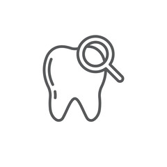 Tooth with magnifying glass vector icon sign and symbol isolated on white background