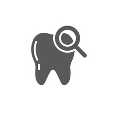 Tooth with magnifying glass vector icon sign and symbol isolated on white background