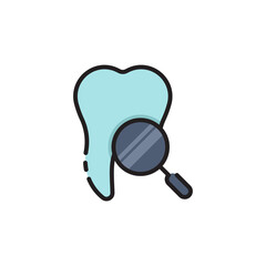 Tooth with magnifying glass vector icon sign and symbol isolated on white background