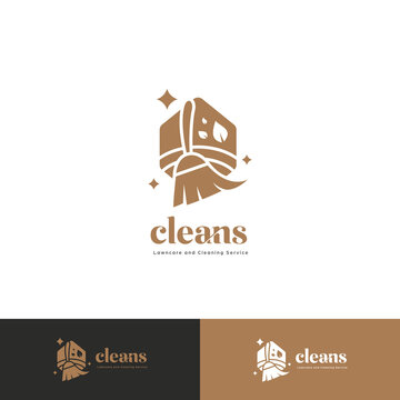 premium cleaning service logo badge with brush broom icon in luxury bronze color style