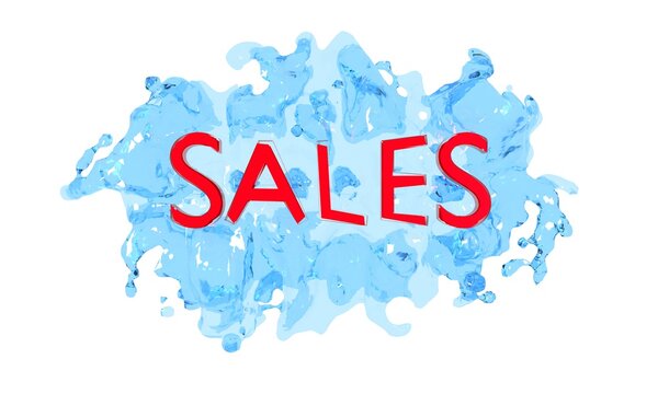 3D Rendering of red Sales text on blue water splash and isolated white background. Concept for summer sales event