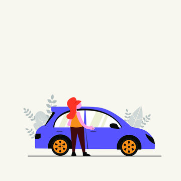 Girl standing next to the car vector illustration in retro modern flat style