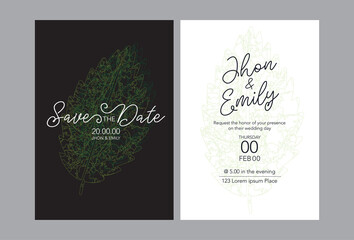 Elegant watercolor wedding invitation card with greenery leaves