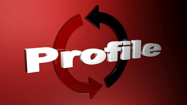 The write PROFILE in front of rotating arrows, on red background - 3D rendering video clip
