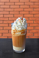 Cold drink Iced coffee Latte with whipped cream.