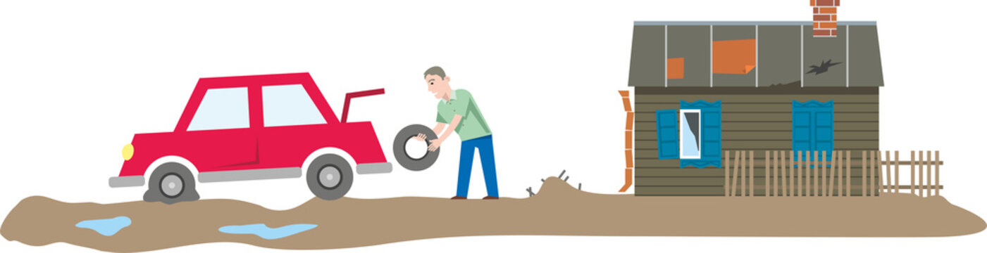 Ready illustration: car breakdown, tire puncture on the road near the house. Village: old house, rough road, puddles. A male driver changes the wheel of a car. Flat infographics. Vector illustration