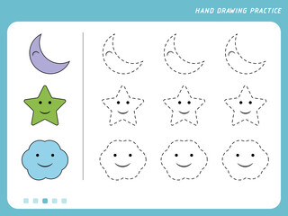 Preschool educational hand drawing app game for kids. Moon, star and cloud hand drawing practice shapes. line drawing practice sheet. Shape making practice for kids. Coloring book pages for kids.
