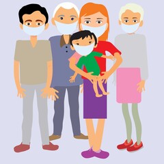 COVID-19 pandemic. Family, father, mother and kid with scared faces wearing surgical face mask ,COVID-19 coronavirus are spreading around. Idea for COVID-19 outbreak, quarantine and awareness.