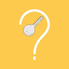 Key to the riddle. Solve the problem. Key inside question mark as a gimmick. Vector illustraion outline flat design style.