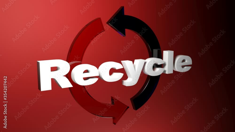 Poster the write recycle in front of a blue and red turning arrows, on red background - 3d rendering video 