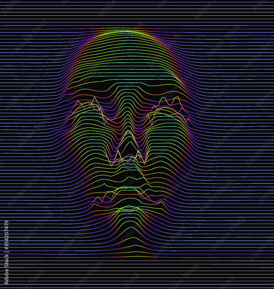 Poster silhouette of 3d holographic head extruded from lines. graph made of cuves in form of human face. fu