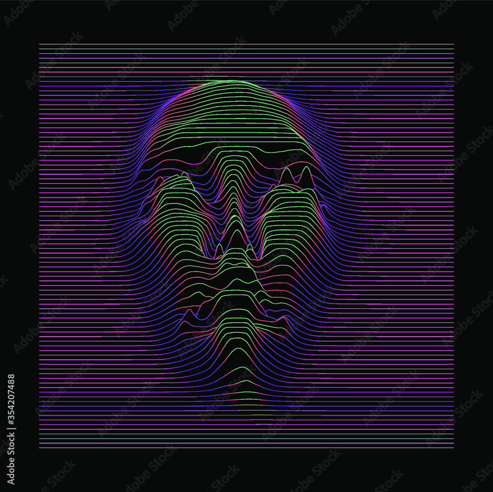 Poster silhouette of 3d holographic head extruded from lines. graph made of cuves in form of human face. fu