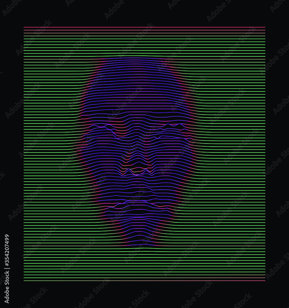 Poster silhouette of 3d holographic head extruded from lines. graph made of cuves in form of human face. fu