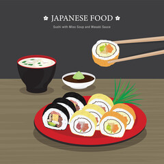 Set of Traditional Japanese food, Sushi Roll with Miso Soup and Wasabi Sauce. Cartoon Vector illustration 