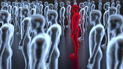 Social Distancing. People keep distance in public society. Dark blue background. In the center is a red person spreading an infection. Covid-19. Health care concept. 3D rendering