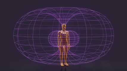 Inside abstract teleportation station. Future technologies concept. Man in a magnetic field. Dark purple vivid background. 3D Rendering