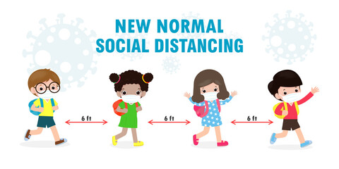 Back to school for new normal lifestyle concept. happy kids wearing face mask and social distancing protect coronavirus covid 19, group of children and friends go to school isolated on background