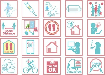 感染症予防：対策　予防　ピクトグラム　アイコン　マスク　コロナ　ウィルス　人物　除菌　店　入店